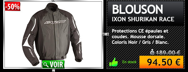 BLOUSON IXON SHURIKAN RACE NOIR/GRIS/BLANC (-50% soit 94.50 euros)